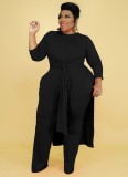 Fall Plus Size Solid Black Round Neck Split Long Top and Matched Two Piece Pants Set