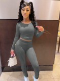 Fall Sexy Gray Round Neck Cropped Top and High Waist Tight Two Piece Pants Set