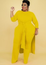 Fall Plus Size Solid Yellow Round Neck Split Long Top and Matched Two Piece Pants Set