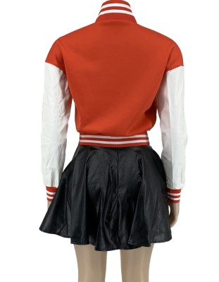 Fall Red Patch Baseball Jacket and PU Leather Mini Skirt Set