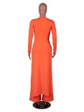 Fall Plus Size Solid Orange Round Neck Split Long Top and Matched Two Piece Pants Set