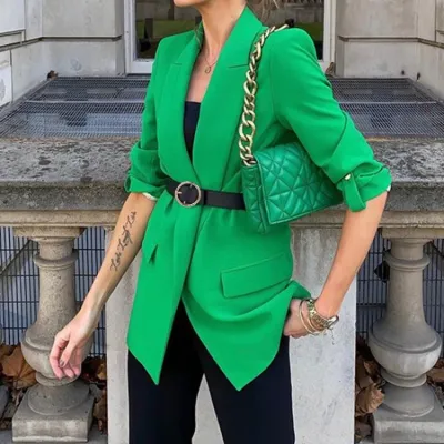 Winter Trendy Green Turndown Collar Full Sleeve Long Blazer