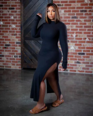 Fall Sexy Cotton Blend Black Slim Split Long Dress