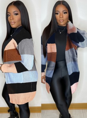 Winter Casual Multicolor Stripes Pocket Knitted Cardigan