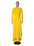 Fall Plus Size Solid Yellow Round Neck Split Long Top and Matched Two Piece Pants Set
