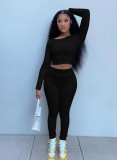 Fall Sexy Black Round Neck Cropped Top and High Waist Tight Two Piece Pants Set