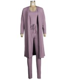 Fall Purple Knitted Crop Tank Long Cardigan and Match 3pcs Pants Set