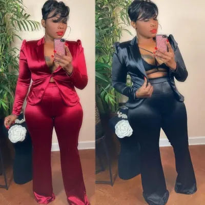 Fall Sexy Black Long Sleeve Blzer and Match Two Piece Pants Set