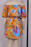 Summer Orange Printed Off Shoulder Puff Short Sleeve Mini Skater Dress