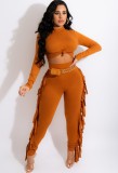 Fall Casual Orange Round Neck Cropped Long Sleeve Top and Match Tassels Two Piece Pants Set