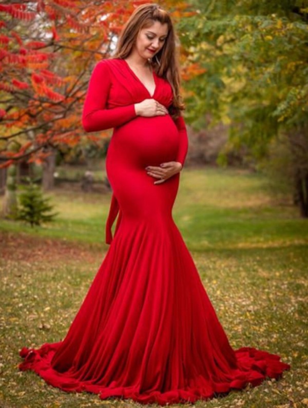 Fall Sexy Red V-neck Full Sleeve Mermaid Maternity Evening Dress