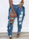 Fall Sexy Blue Hollout Out Ripped Ruffled Jeans