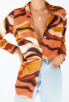 Fall Orange Stripes Button Up Long Sleeve Blouse