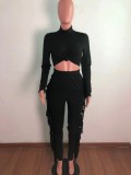 Fall Casual Black Round Neck Cropped Long Sleeve Top and Match Tassels Two Piece Pants Set