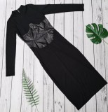 Fall Sexy Black PU Patch Round Neck Full Sleeve Long Dress