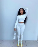 Fall Sexy White Round Neck Cropped Top and High Waist Tight Two Piece Pants Set