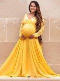 Fall Yellow Lace V-neck Full Sleeve Pregenant Evening Dress