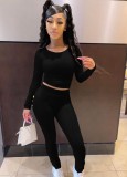 Fall Sexy Black Round Neck Cropped Top and High Waist Tight Two Piece Pants Set