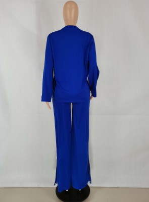 Winter Casual Blue Contrast Round Neck Loose Sweatsuit Two Piece Set