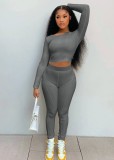 Fall Sexy Gray Round Neck Cropped Top and High Waist Tight Two Piece Pants Set