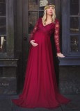 Fall Red Lace V-neck Full Sleeve Pregenant Evening Dress