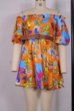 Summer Orange Printed Off Shoulder Puff Short Sleeve Mini Skater Dress