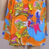 Summer Orange Printed Off Shoulder Puff Short Sleeve Mini Skater Dress