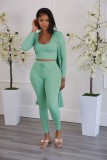 Fall Mint Green Knitted Crop Tank Long Cardigan and Match 3pcs Pants Set
