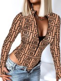 Fall Sexy Khaki Printed Zipper Long Sleeve Slim Bodysuit