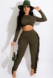 Fall Casual Olive Green Round Neck Cropped Long Sleeve Top and Match Tassels Two Piece Pants Set