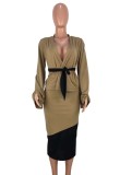 Fall Sexy Kahaki Contast Black Belt Long Sleeve Chest Wrap Top And Skirt Two Pice Set
