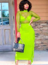 Fall Sexy Green See Through Long Sleeve Top And Long Tassels Skirt Two Piece Set
