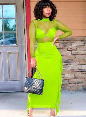 Fall Sexy Green See Through Long Sleeve Top And Long Tassels Skirt Two Piece Set