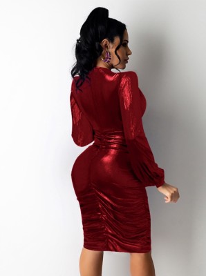 Fall Sexy Red Deep Neck Puffed Long Sleeve Dress