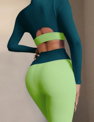 Fall Sexy Green Contrast Hollow Out Zipper Long Sleeve Top And Pant Two Piece Set