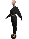 Winter Casual Black Round Neck Long Sleeve Crop Top And Pant Two Piece Set