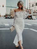 Fall Elegant White Lace Off Shoulder Long Sleeve Long Dress