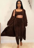 Winter Sexy Brown Vest And Long Slevee Coat And Pant 3 Piece Set