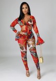 Fall Sexy Print Tie Rope Long Sleeve Crop Top And Pant Two Piece Set