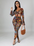 Fall Sexy Print Tie Rope Long Sleeve Crop Top And Pant Two Piece Set