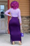 Fall Sexy Purple See Through Long Sleeve Top And Long Tassels Skirt Two Piece Set