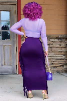 Fall Sexy Purple See Through Long Sleeve Top And Long Tassels Skirt Two Piece Set