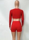 Fall Sexy Red Round Collar Cut Out Long Sleeve Crop Top And Shorts Two Piece Set