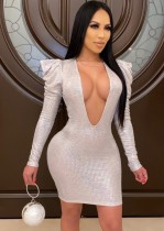 Fall Sexy Beige V Neck Puffed Long Sleeve Bodycon Dress