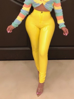 Winter Yellow High Waist Fit Leather Pants