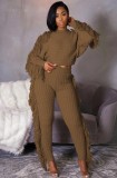 Winter Casual Brown Tassels Sweater Crop Top and Pants 2PC Knit Set