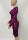 Fall Sexy Purple Deep Neck Puffed Long Sleeve Dress