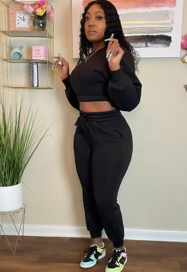 Winter Casual Black Round Neck Long Sleeve Crop Top And Pant Two Piece Set