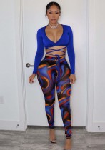 Fall Sexy Blue Wrap Tied Long Sleeve Crop Top And Printed Tight Pants Two Piece Set