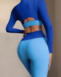 Fall Sexy Blue Contrast Hollow Out Zipper Long Sleeve Top And Pant Two Piece Set